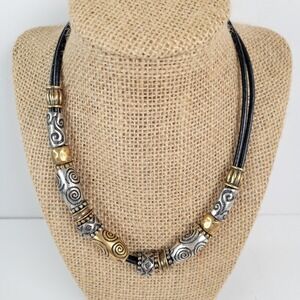 Chicos Silver Gold Tone Beaded Collar Necklace Black Cord Boho Statement 15 In